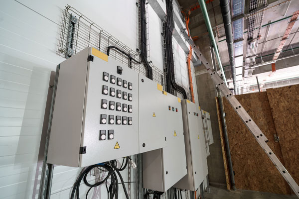 Commercial electrical panels installed in a new warehouse build