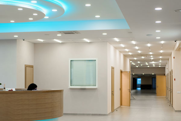 Office and medical building interior with new commercial LED lighting