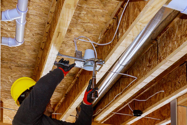 Electrician running rough-in wiring during ground up electrical construction on a new commercial build